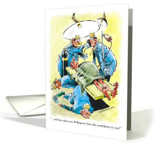 Amusing gold luck in surgery and the goofy doctors cartoon card