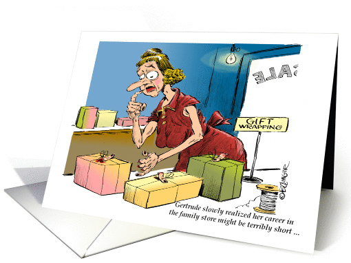 Amusing happy belated birthday and gift wrapping incident card