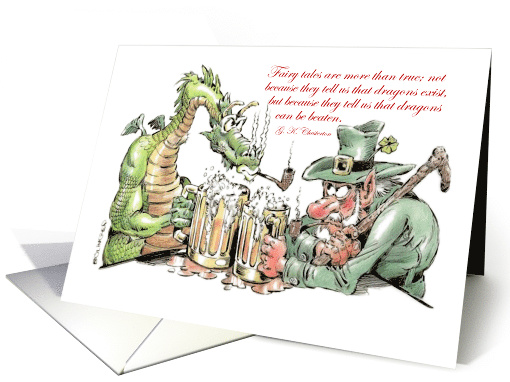 Humorous St. George's Day celebration - leprechaun & dragon card