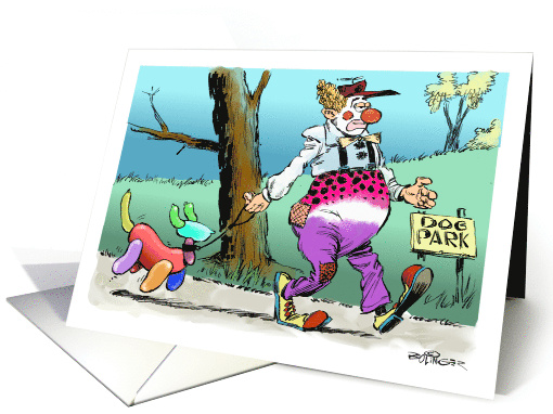 Celebrate a birthday with humor, balloons and a clown cartoon card