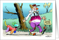 Celebrate a birthday with humor, balloons and a clown cartoon card