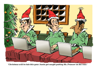 Fun elves, Santa in...