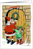 Cartoon Santa and elf decorating door to North Pole with wreaths card