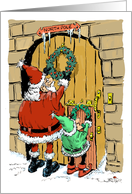 Amusing blank Santa and elf decorating door to North Pole card