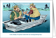Fishing tournament good luck wish to the Fly King cartoon card
