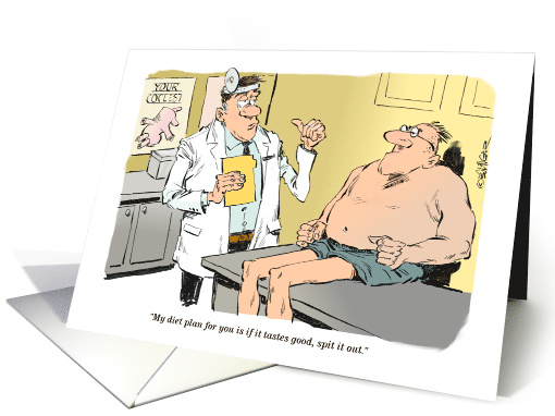 Cartoon doctor dispenses weight loss and dieting advice card (1513344)