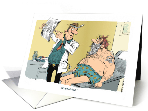 Hairball Awareness Day and hairy man with doctor cartoon card
