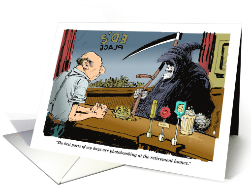 Grim Reaper photobomb on Father-in-Law's retirement cartoon card