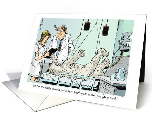 Cartoon of a Patient in Full Cast and the Misplaced Feeding Tube card