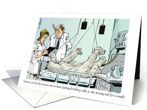 Amusing Happy Birthday to Hospital Patient with Cast Cartoon card
