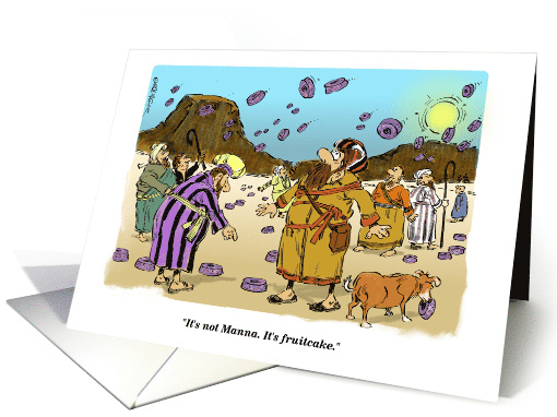 Bible Scene With Fruitcake Falling Instead of Manna Cartoon card