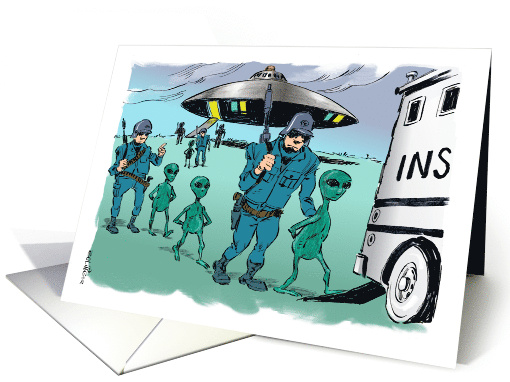 ICE Agents Arresting Little Green Men from UFO Cartoon card (1665272)