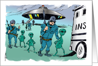 ICE Agents Arresting Little Green Men from UFO Cartoon card