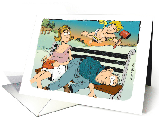 Cartoon Cupid Using Hammer Instead of Arrows to Promote Love card