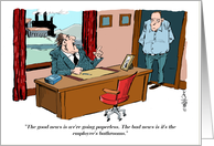 Cartoon Boss Taking Benefits Away From Employees Blank Note card