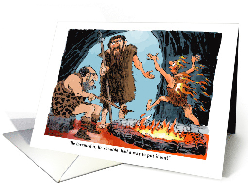 Cartoon Cave Man and Invention of Fire Any Occasion Blank card