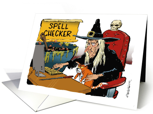 Blank Witchy Spell Checker Checking Spells at the Computer card