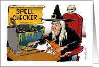 Blank Witchy Spell Checker Checking Spells at the Computer card