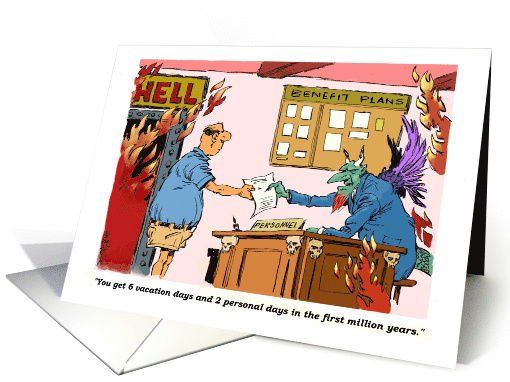 Devil's Assistant Offering a Million Year Employee Benefit Plan card