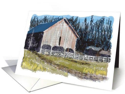 A Quiet Rural Watercolor Barn Scene with Woods on a Blank card