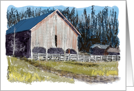 A Quiet Rural Watercolor Barn Scene with Woods on a Blank card
