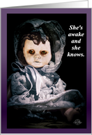 Scary Mary Never Sleeps and a Creepy Doll Halloween card