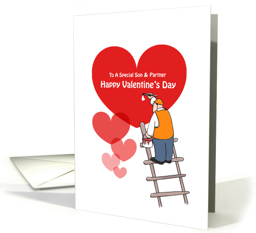 Valentine's Day Son & Partner, Red Hearts, Painter Cartoon card