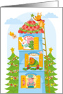 Christmas card – cartoon animals in windows card