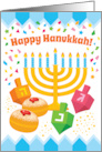 Happy Hanukkah Card with a Menorah Dreidels and Donuts card