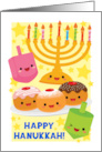 Happy Hanukkah Card with Smiling Menorah Donuts and Dreidels card