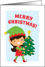 Merry Christmas Card with a Girl Elf Carrying a Christmas Tree card