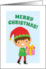 Merry Christmas Card with a Boy Elf Holding a Present card