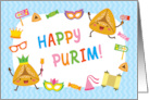 Happy Purim Card with Smiling Hamantaschen and Purim Symbols card