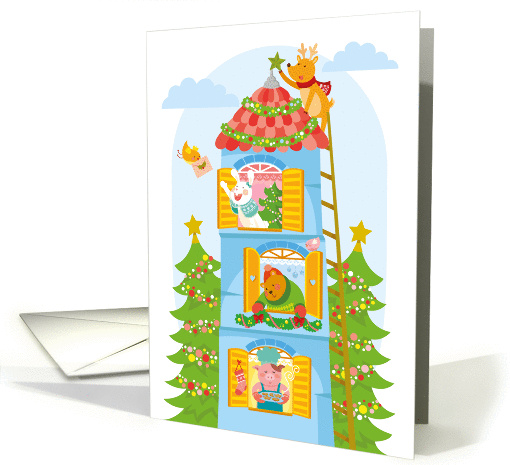 Christmas card  cartoon animals in windows card (1441720)