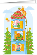 Christmas card  cartoon animals in windows card