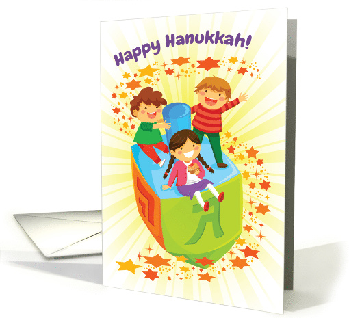 Happy Hanukkah Card for Kids with Children Riding a Dreidel card