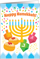 Happy Hanukkah Card with a Menorah Dreidels and Donuts card