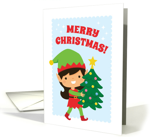 Merry Christmas Card with a Girl Elf Carrying a Christmas Tree card