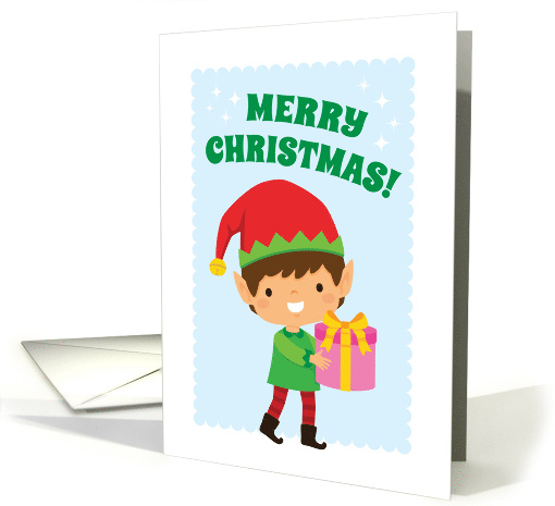 Merry Christmas Card with a Boy Elf Holding a Present card (1710250)