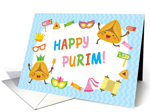 Happy Purim Card with Smiling Hamantaschen and Purim Symbols card