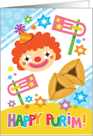 Happy Purim Card - Clown Groggers and Hamantasch card