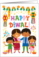 Happy Diwali Smiling Indian Family and Colorful Decorations card