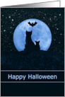 Happy Halloween Black Cat and Mouse Watching Bat Performance card