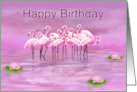 Happy Birthday with Pink Flamingos in Pond card