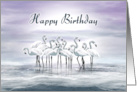 Happy Birthday Flock of White Flamingos in Water card