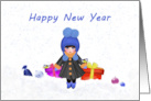 Happy New Year Little Girl with Gifts card
