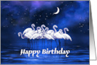 Happy Birthday Night Lake with White Flamingos card
