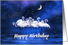 Happy Birthday Night Lake with White Flamingos card