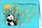 Happy Birthday Panda and Birds on a Turquoise Background card