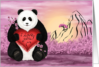 I Love You Big Panda with Red Silk Heart card